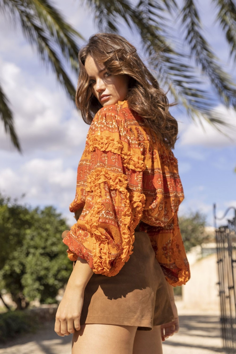 Blouse Glossy - orange - lurex doré - manches longues bouffantes - bohème - Miss June Paris - 4