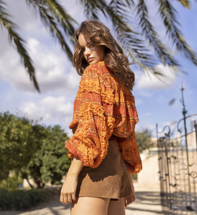 Glossy Blouse - Orange - Golden Lurex - Long Puffy Sleeves - Bohemian - Miss June Paris - 4