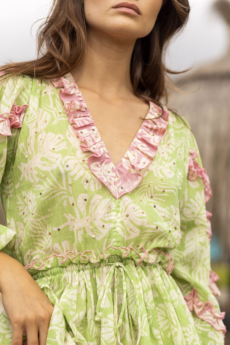 Tavola Blouse - Green - Pink V-Neck - Small Ruffles - Long Puffy Sleeves - Boho Style - Miss June Paris - 3