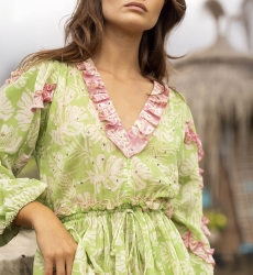 Tavola Blouse - Green - Pink V-Neck - Small Ruffles - Long Puffy Sleeves - Boho Style - Miss June Paris - 3