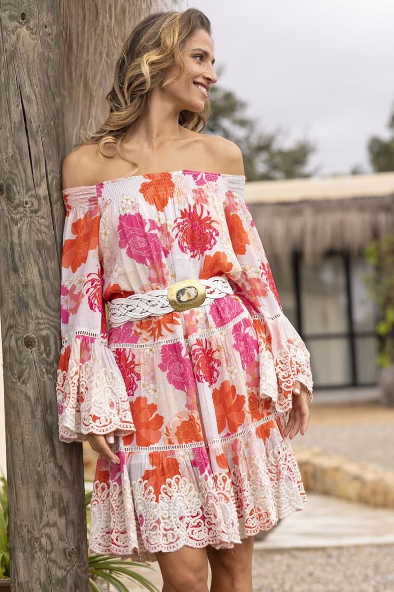 Robe Courte Positano - blanc - imprimé fleuri rose et rouge - style bohème - manches longues - Miss June Paris - 2