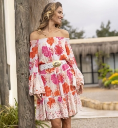 Positano Short Dress - White - Pink and Red Floral Print - Bohemian Style - Long Sleeves - Miss June Paris - 2