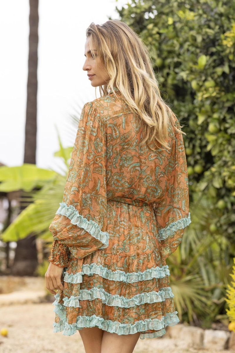 Robe Courte Agua - orange/aqua - manches longues - manche longue - ceinture assortie - style boho - Miss June Paris - 4