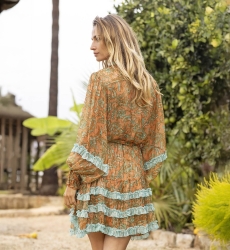 Vestido Corto Agua - Naranja/Aqua - Mangas Largas - Cinturón a Juego - Estilo Boho - Miss June Paris - 4