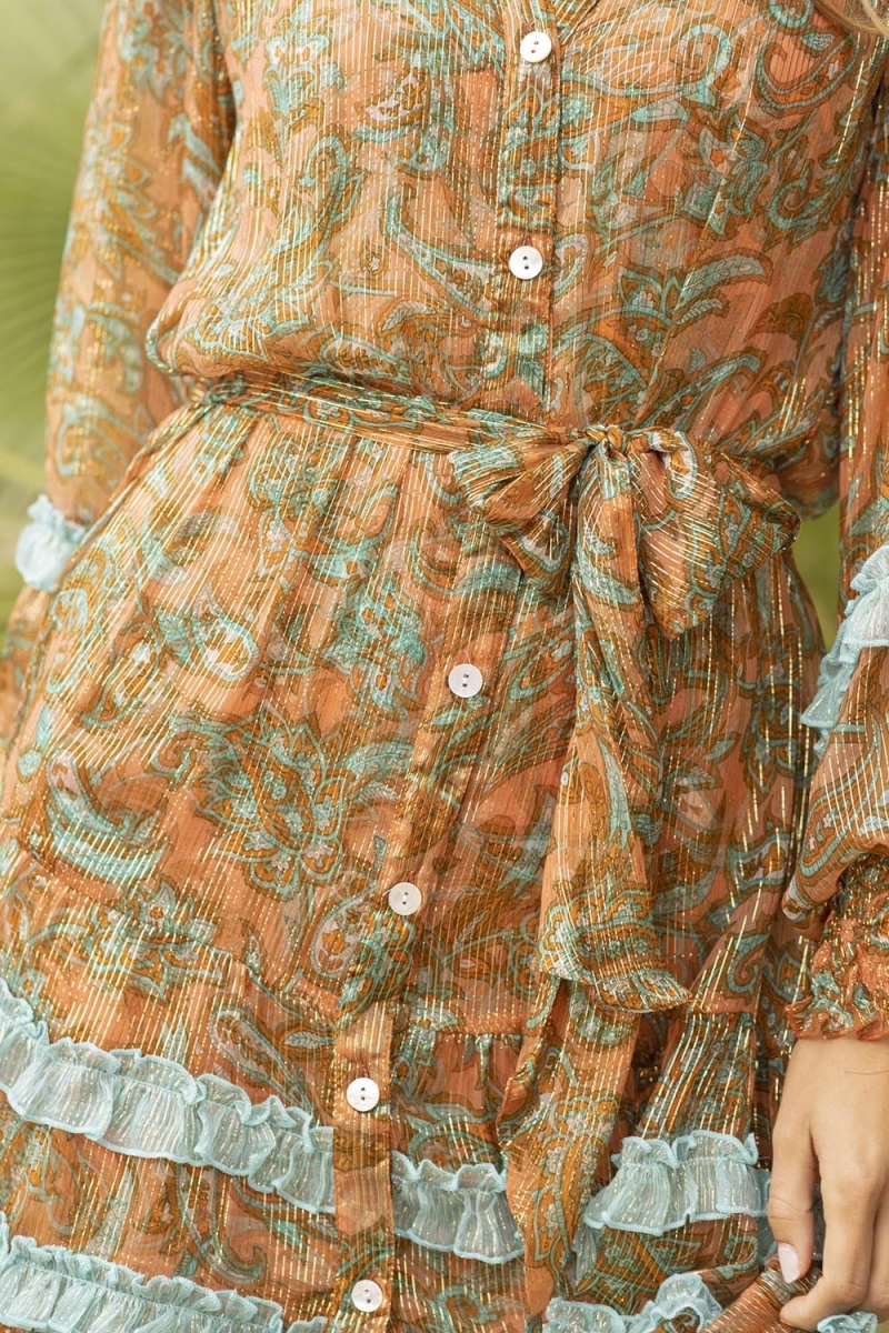Robe Courte Agua - orange/aqua - manches longues - manche longue - ceinture assortie - style boho - Miss June Paris - 3