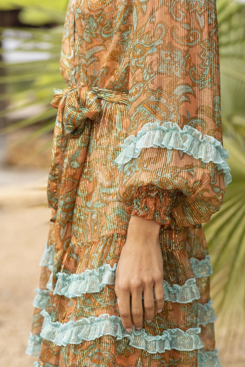 Vestido Corto Agua - Naranja/Aqua - Mangas Largas - Cinturón a Juego - Estilo Boho - Miss June Paris - 2