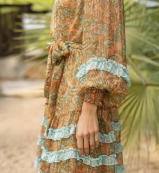 Agua Short Dress - Orange/Aqua - Long Sleeves - Matching Belt - Boho Style - Miss June Paris - 2