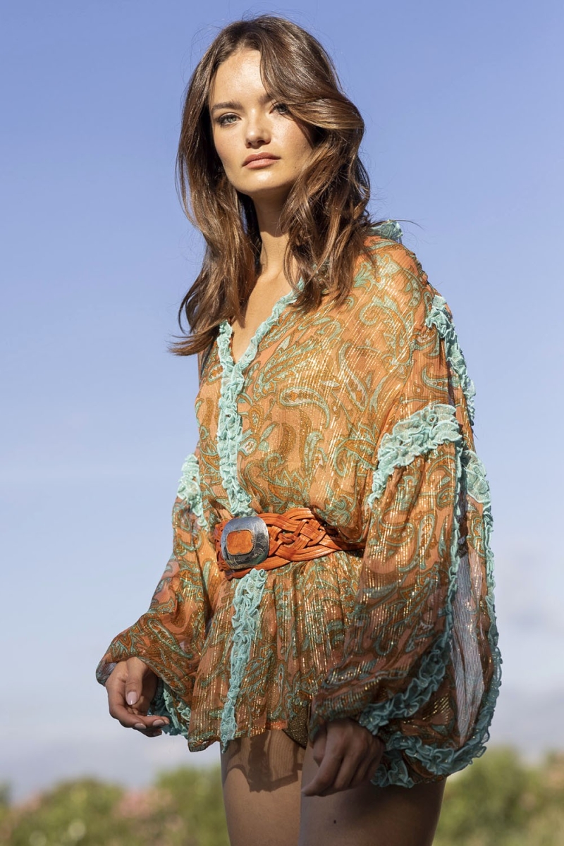 Blouse Romeo - orange/aqua - manches longues - détails dorés - petits volants - style boho - Miss June Paris - 1
