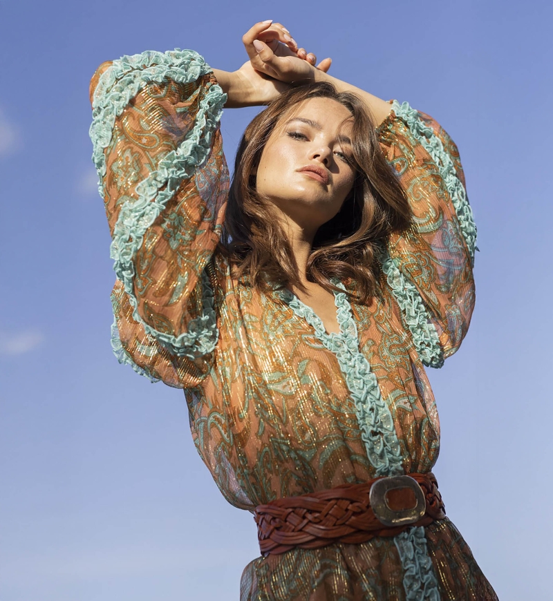 Blouse Romeo - orange/aqua - manches longues - détails dorés - petits volants - style boho - Miss June Paris - 2