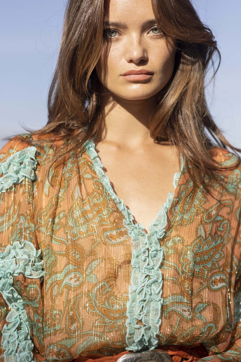 Romeo Blouse - Orange/Aqua - Long Sleeves - Golden Details - Small Ruffles - Boho Style - Miss June Paris - 4