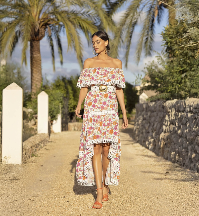 Rayan Long Dress - Colorful Floral Print - Off-Shoulder - White Embroidery - Boho - Miss June Paris - 2