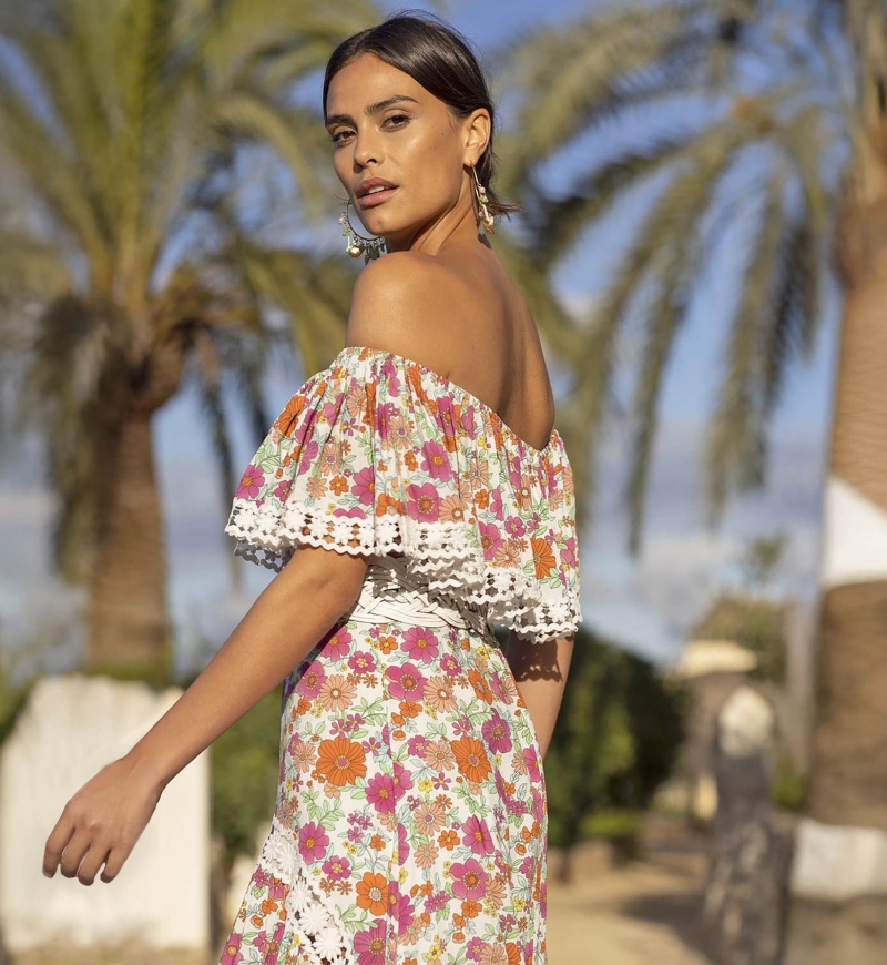 Robe Longue Rayan - imprimé fleuri et coloré - épaules dénudées - broderie blanche - boho - Miss June Paris - 4