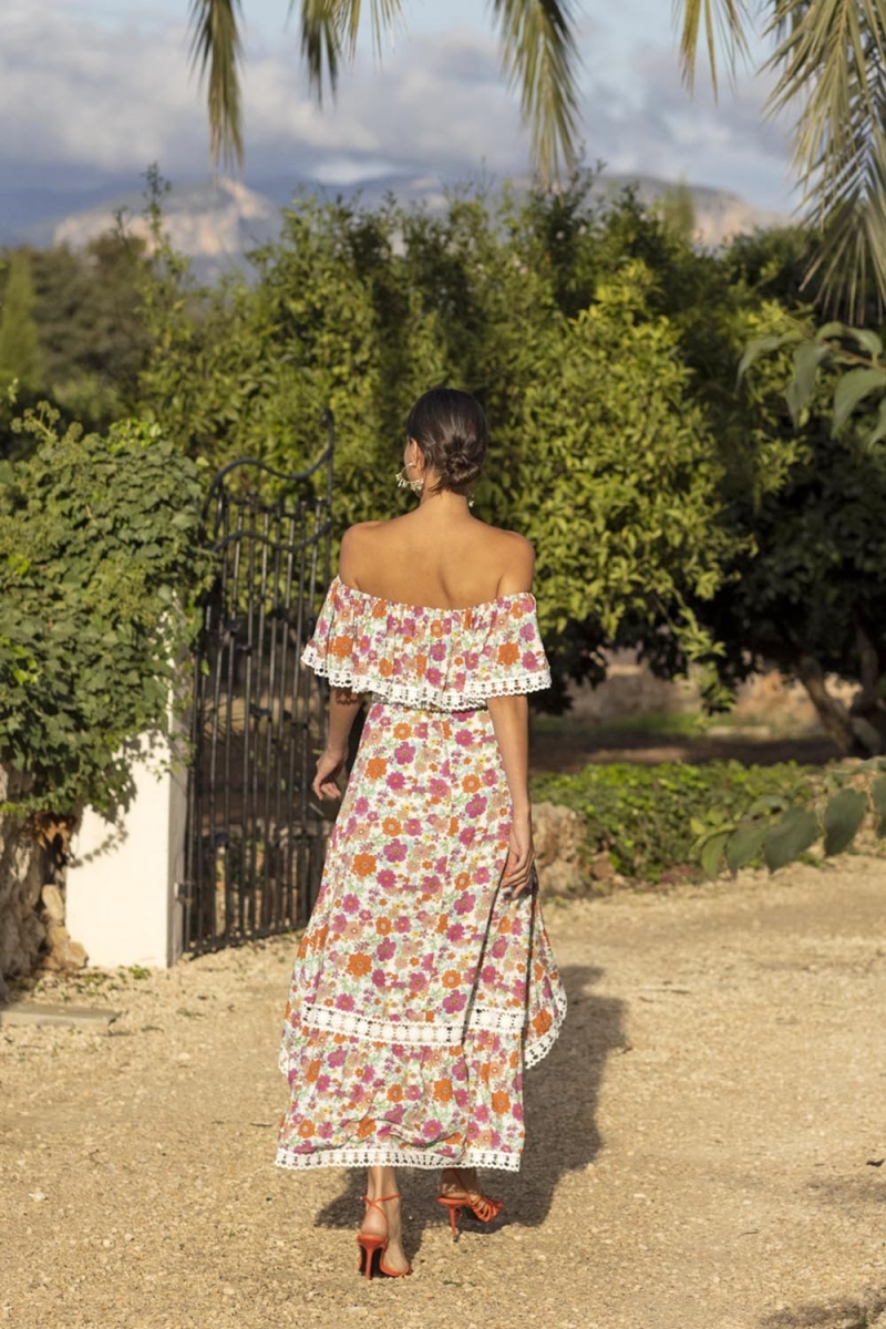 Vestido Largo Rayan - Estampado Floral y Colorido - Hombros Descubiertos - Bordado Blanco - Boho - Miss June Paris - 5