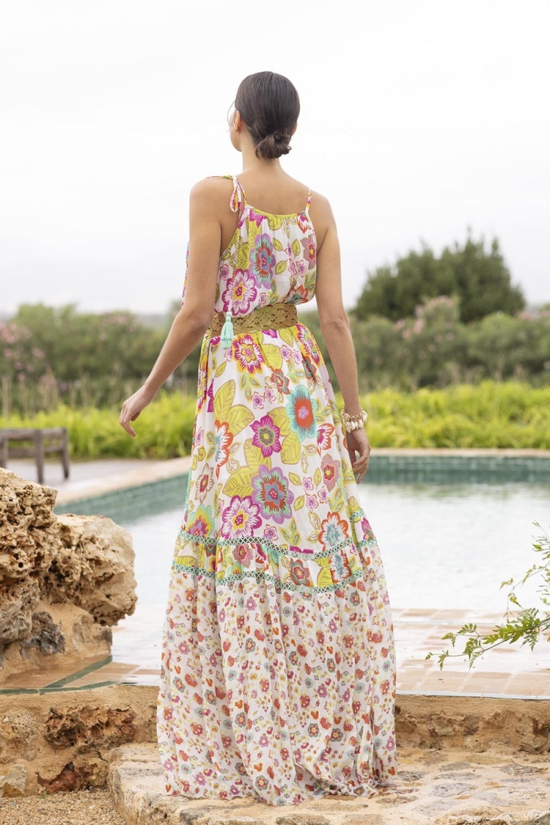 Long dress ASTOR: white - boho floral - thin straps - Miss June Paris - 3