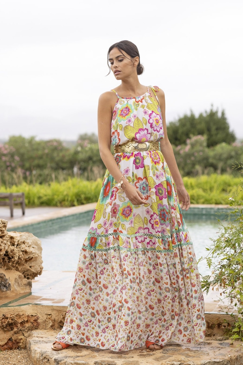 Vestido largo ASTOR: blanco - floral bohemio - tirantes finos - Miss June Paris - 1