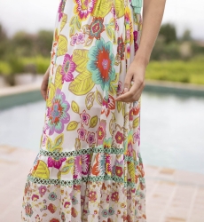 robe longue ASTOR : blanche - fleurie boheme - bretelles fines - Miss June Paris - 2