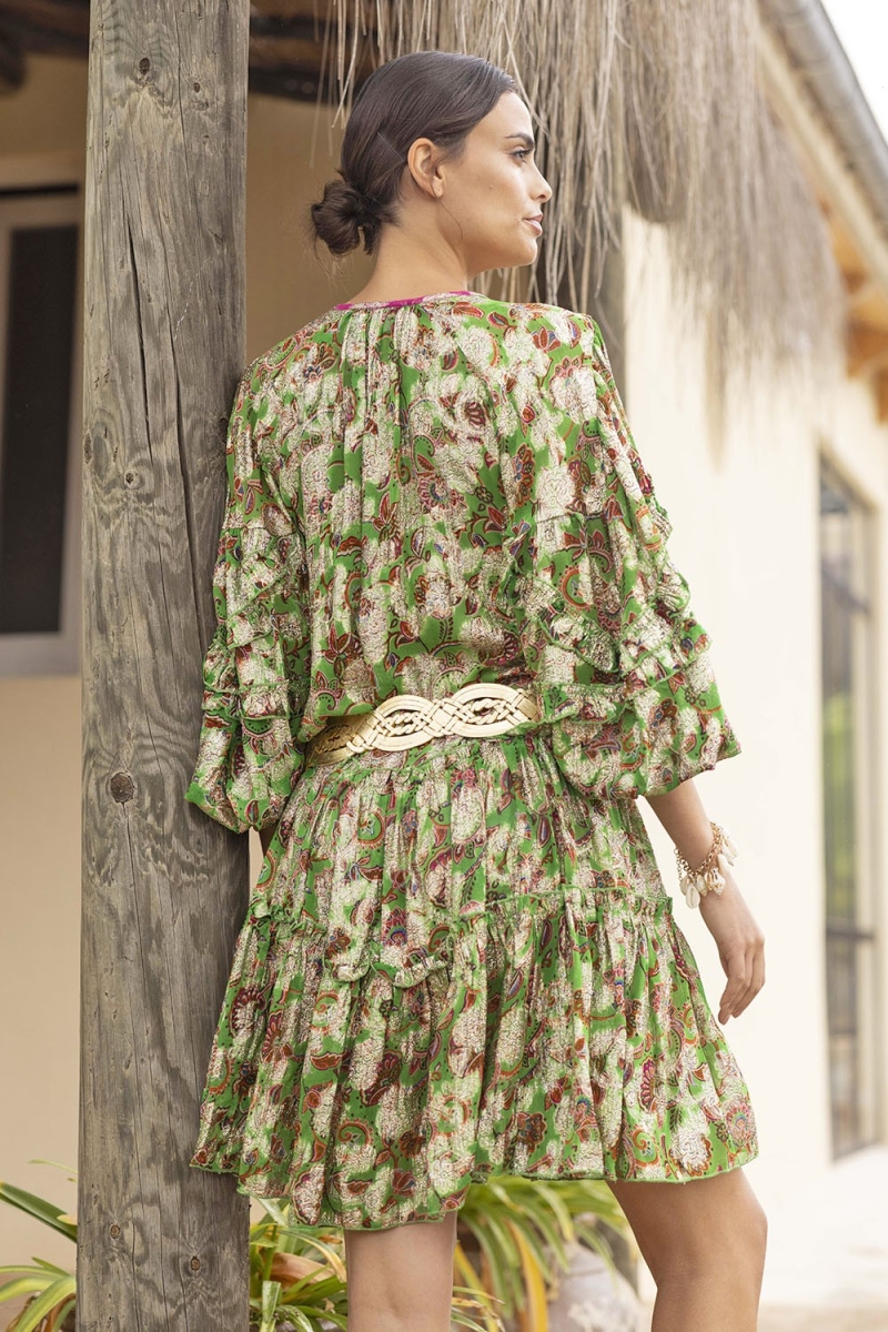 Short dress YUMI - green floral - shiny lurex print - long sleeve - Miss June Paris - 5