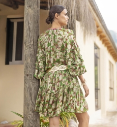 Robe courte YUMI - fleurie verte - imprimé brillant lurex - manche longue - Miss June Paris - 5