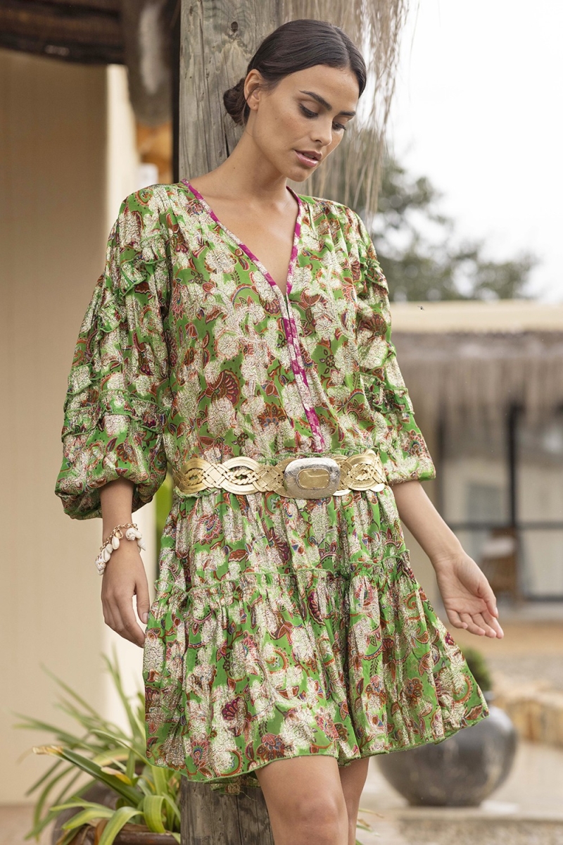 Robe courte YUMI - fleurie verte - imprimé brillant lurex - manche longue - Miss June Paris - 1