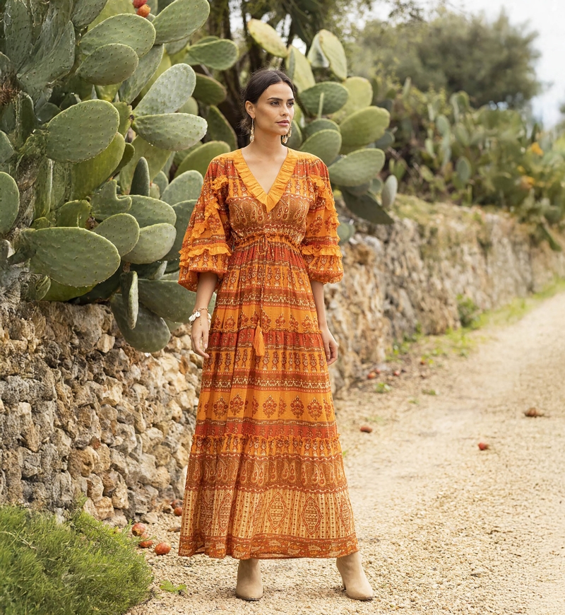Safran Long Dress - Orange - Golden Details - Long Sleeves - V-Neckline - Boho - Miss June Paris - 1