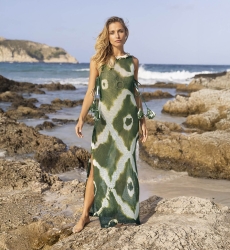 Vestido Largo Goya - Caqui - en crochet - Pechera Decorada - Lentejuelas Doradas - Cuello Redondo - Miss June Paris - 1