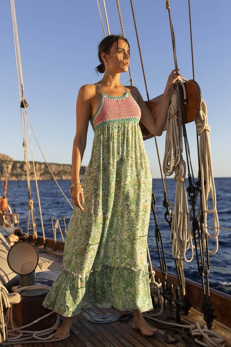 Vestido Largo Sorbet - Verde - Top de Ganchillo Rosa - Tirantes Finos - Estampado Floral - Boho - Miss June Paris - 2