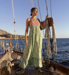 Sorbet Long Dress - Green - Pink Crochet Top - Thin Straps - Floral Print - Boho - Miss June Paris - 2