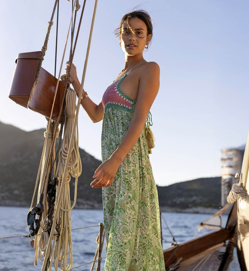 Sorbet Long Dress - Green - Pink Crochet Top - Thin Straps - Floral Print -Boho - Miss June Paris - 3