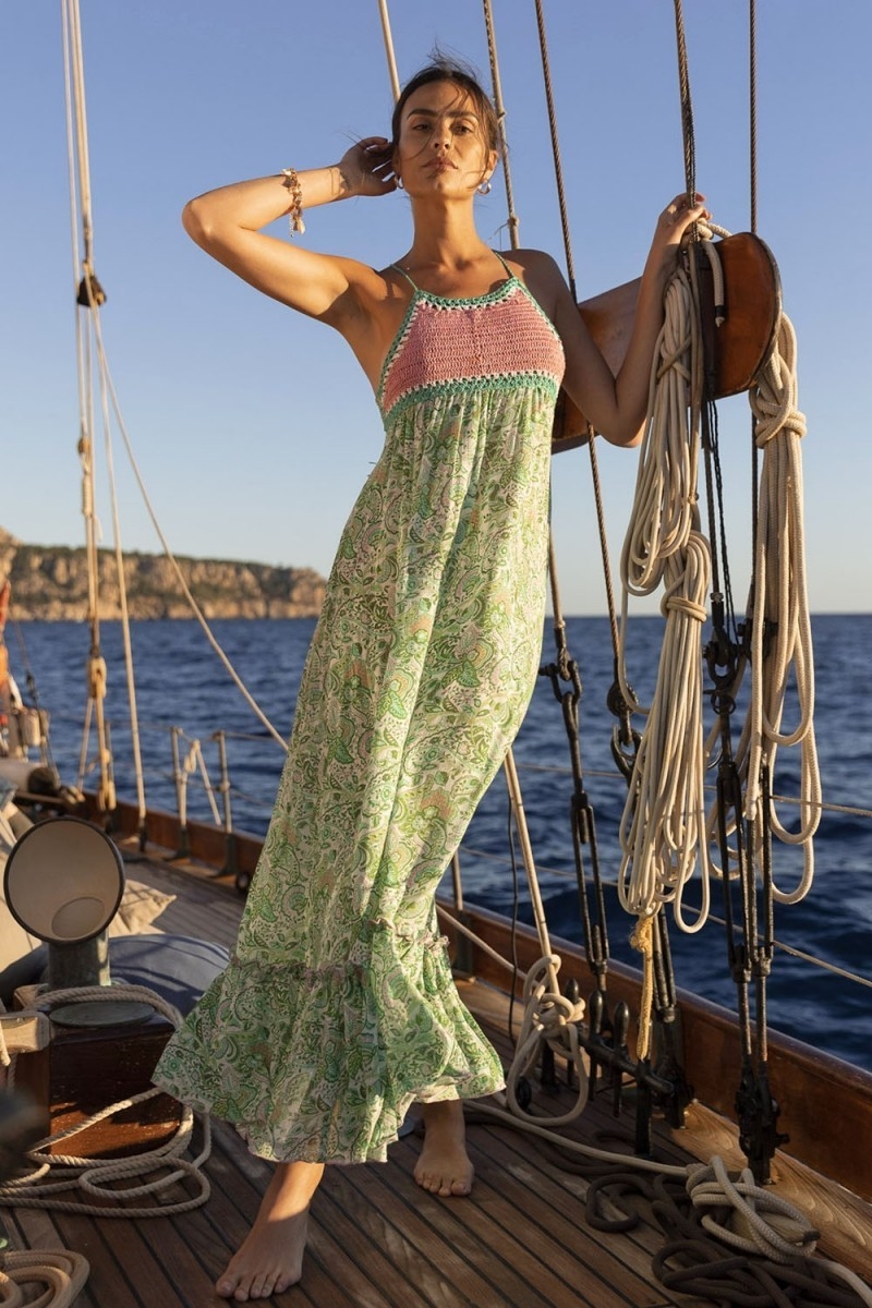 Vestido Largo Sorbet - Verde - Top de Ganchillo Rosa - Tirantes Finos - Estampado Floral - Boho - Miss June Paris - 1