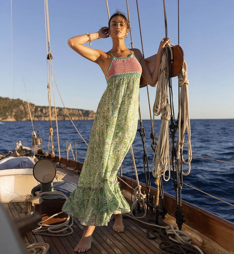 Sorbet Long Dress - Green - Pink Crochet Top - Thin Straps - Floral Print - Boho - Miss June Paris - 1