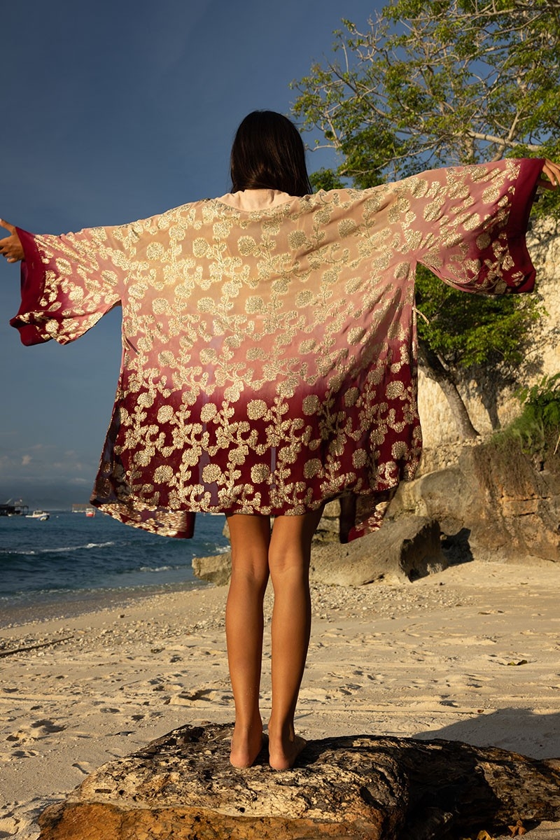 Kimono Court Leny - pêche/bordeaux - détails dorés - lurex - bohème - Miss June Paris - 4