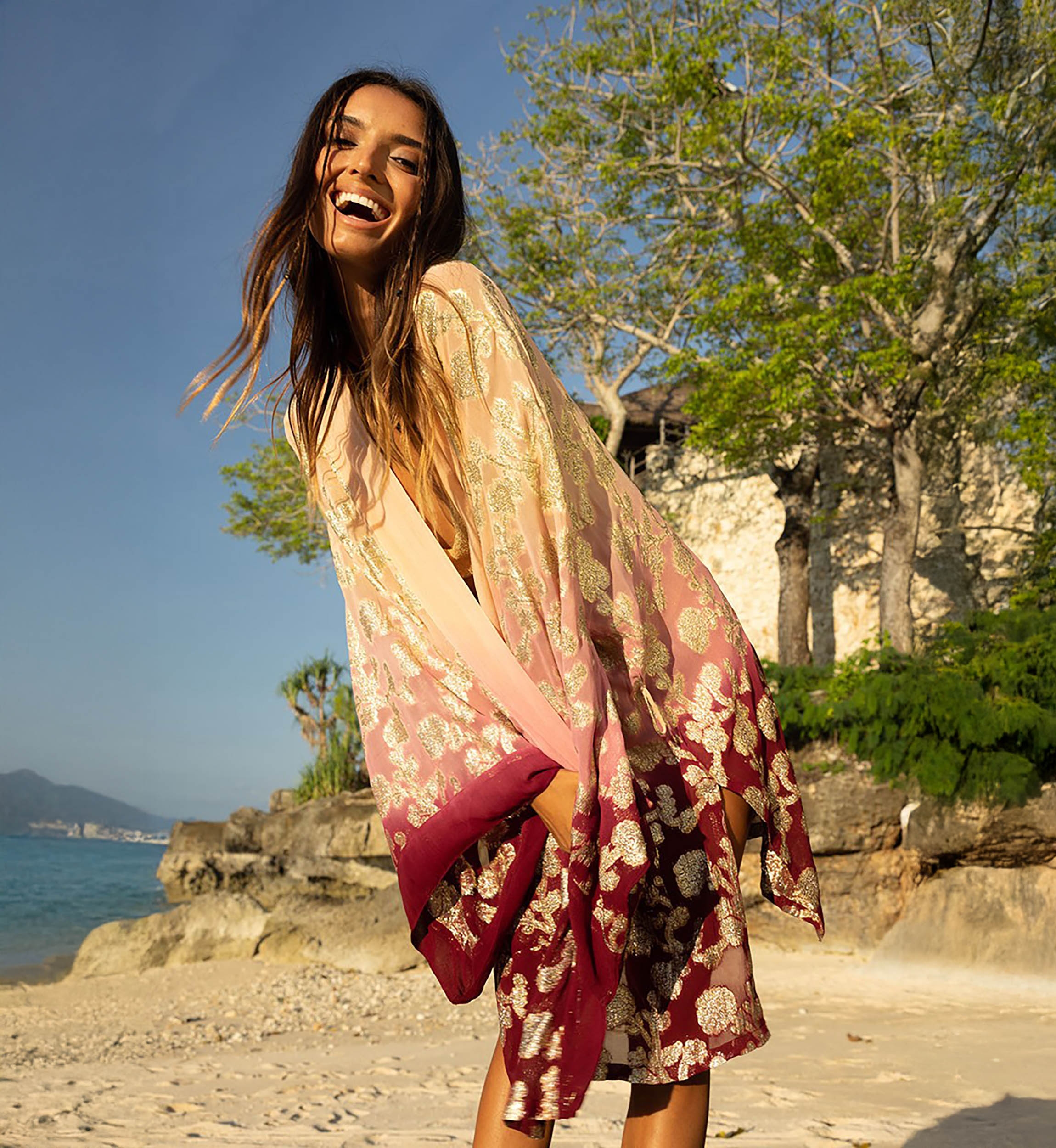 Kimono Court Leny - pêche/bordeaux - détails dorés - lurex - bohème - Miss June Paris - 1