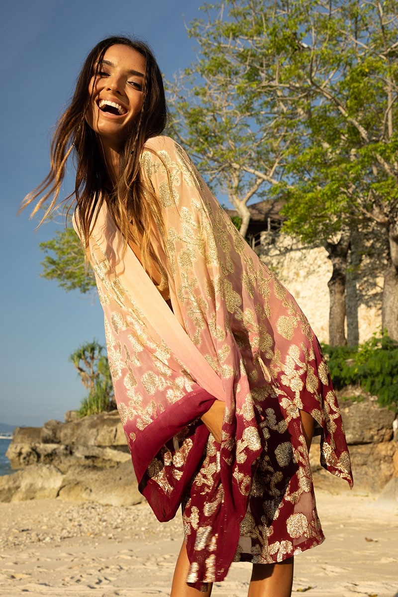 Kimono Court Leny - pêche/bordeaux - détails dorés - lurex - bohème - Miss June Paris - 1
