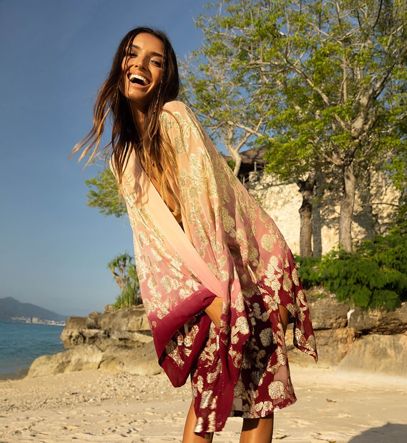 Kimono Court Leny - pêche/bordeaux - détails dorés - lurex - bohème - Miss June Paris - 1