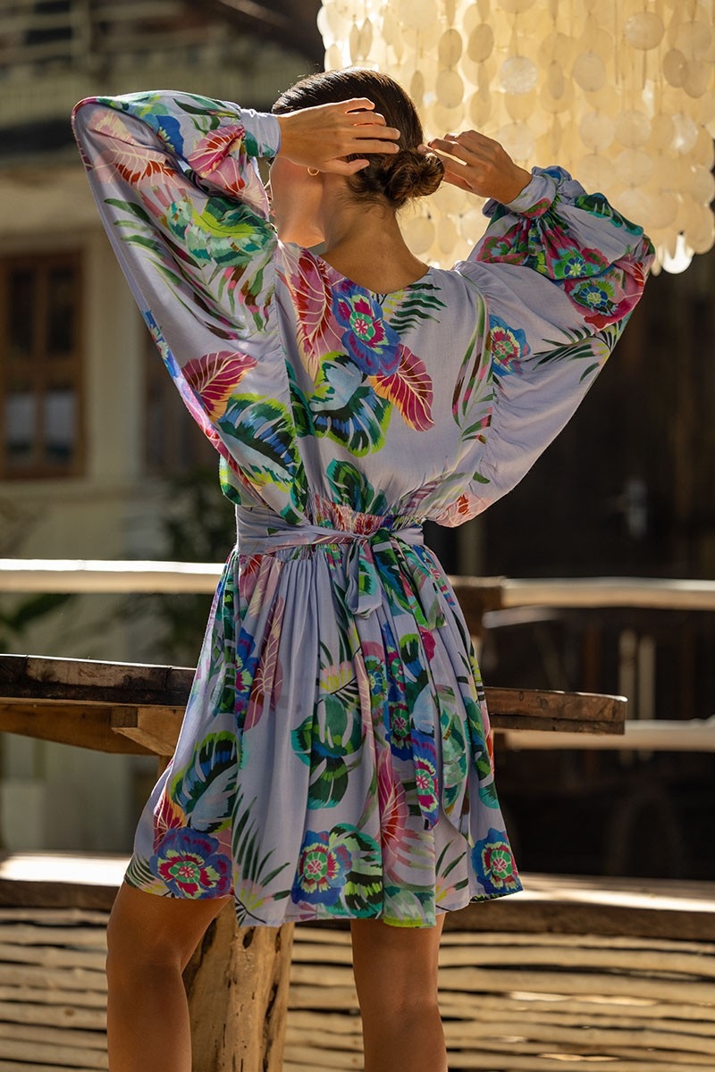 Robe Courte Falone - violet pastel - imprimé fleuri - manches longues - col V - Miss June Paris - 4