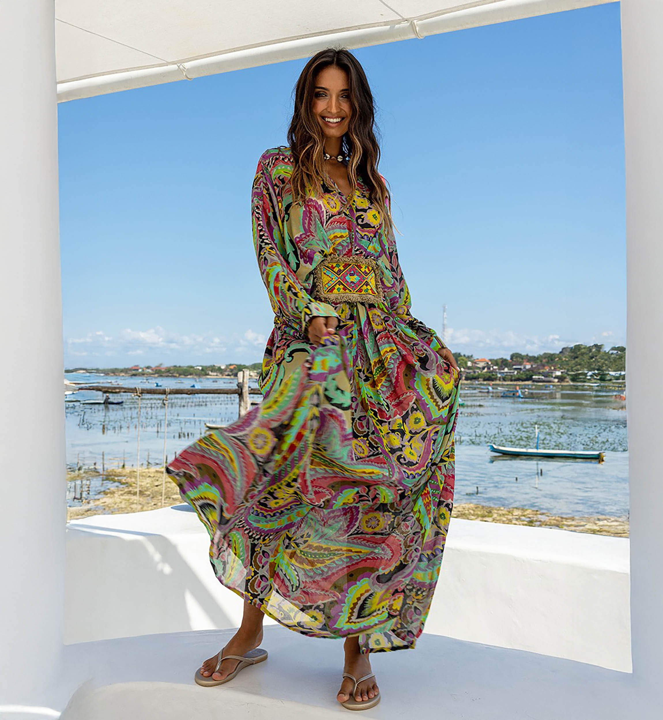 Xenia Long Dress - Long Sleeves - Colorful Print - Beaded Embroidery at the Waist - Bohemian - Miss June Paris - 3