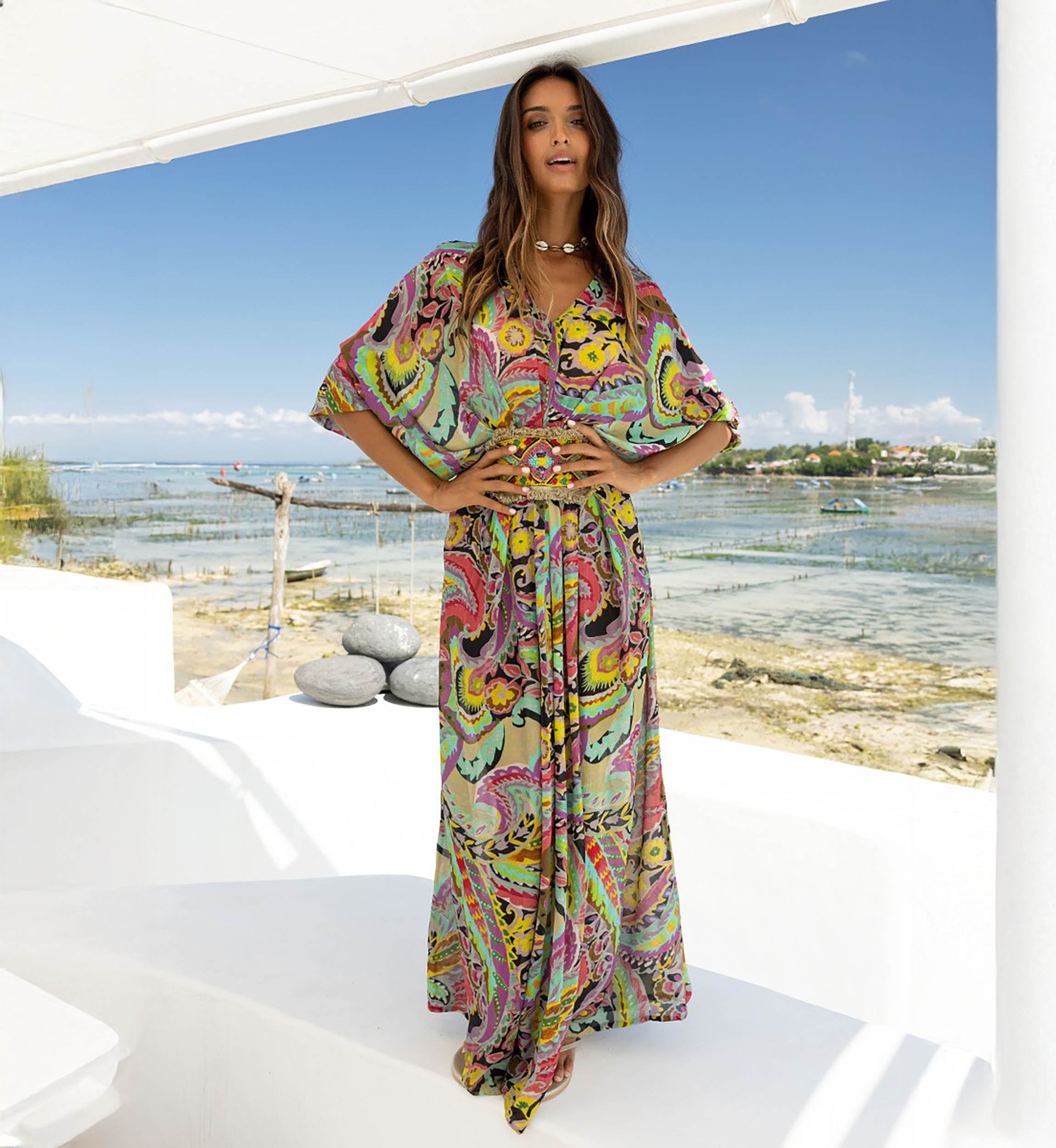 Xenia Long Dress - Long Sleeves - Colorful Print - Beaded Embroidery at the Waist - Bohemian - Miss June Paris - 2