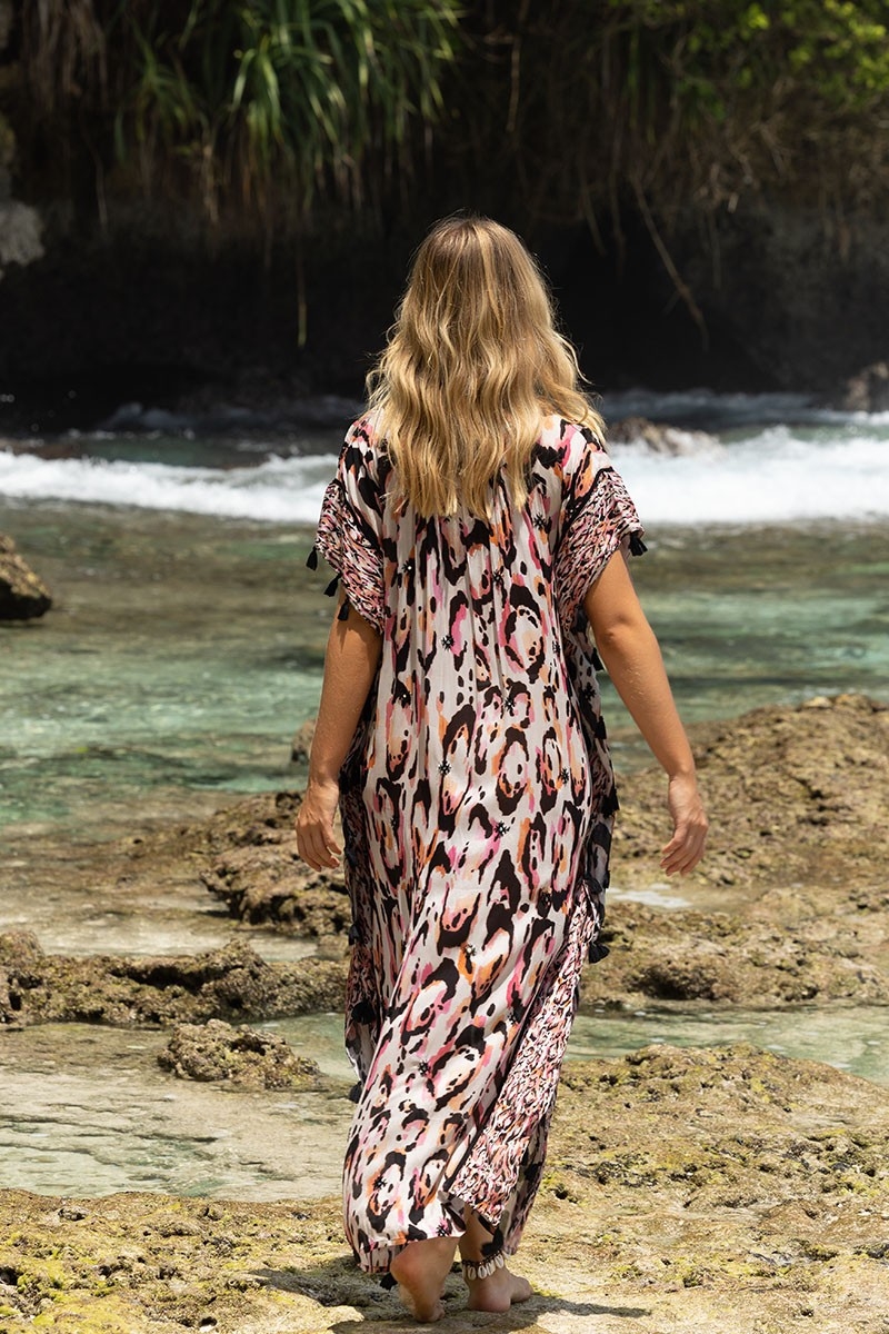 Caftan Long Roberta - multicouleur - manche courte - col V - style boho - Miss June Paris - 4