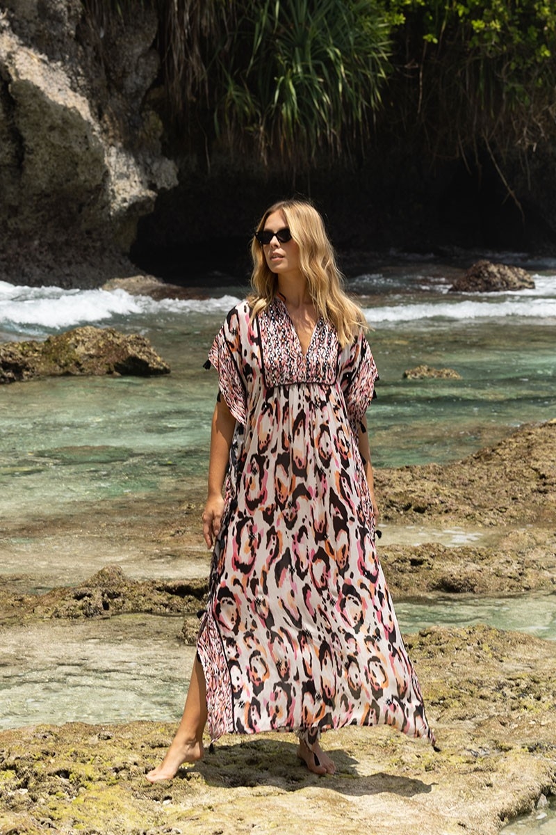 Caftan Long Roberta - multicouleur - manche courte - col V - style boho - Miss June Paris - 2