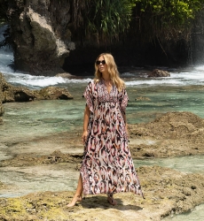 Caftan Long Roberta - multicouleur - manche courte - col V - style boho - Miss June Paris - 2