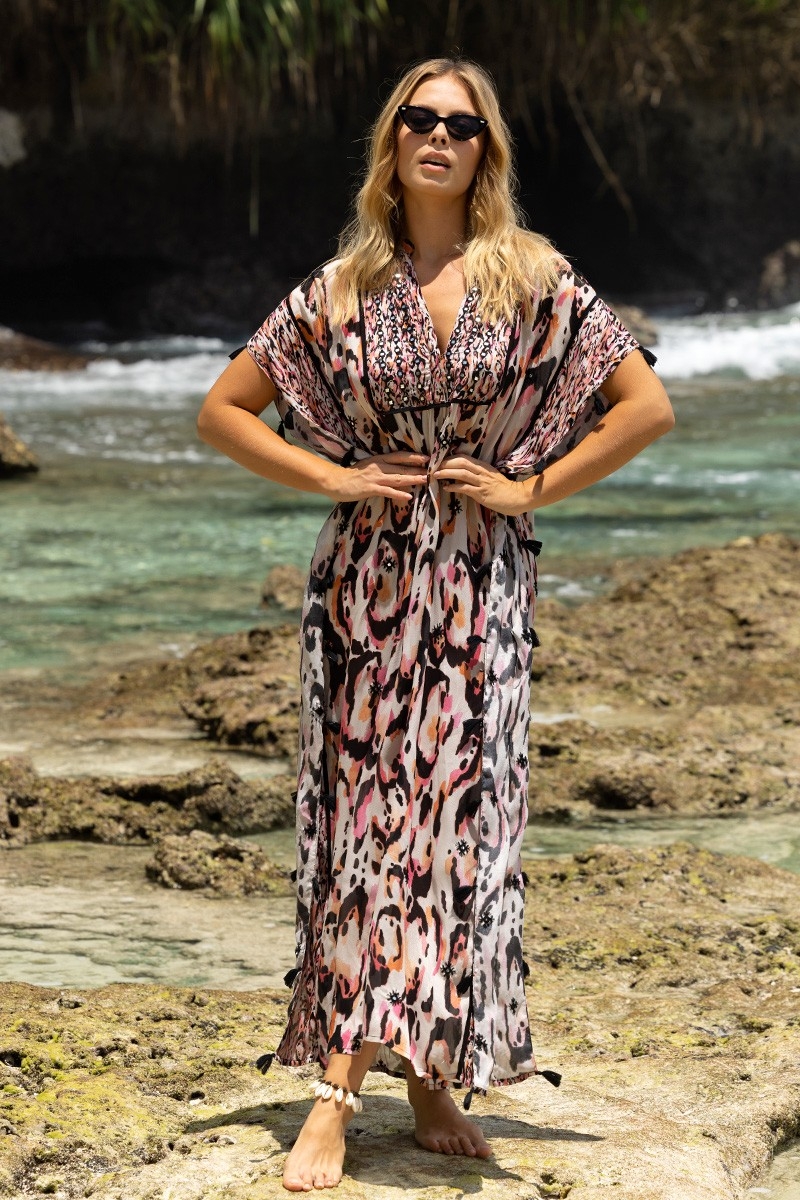 Long Caftan Roberta - multicolor - short sleeves - V-neck - boho style - Miss June Paris - 1