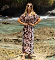 Long Caftan Roberta - multicolor - short sleeves - V-neck - boho style - Miss June Paris - 1