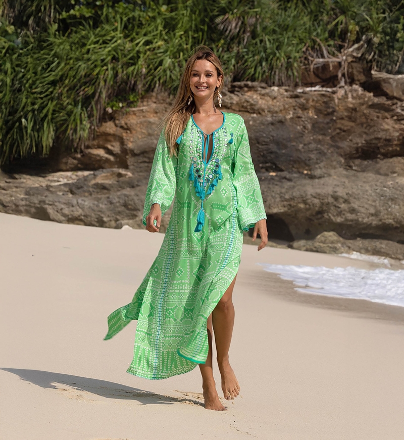 Robe Longue Jorja - verte - plastron décoré - manches longues - bohème - Miss June Paris - 1