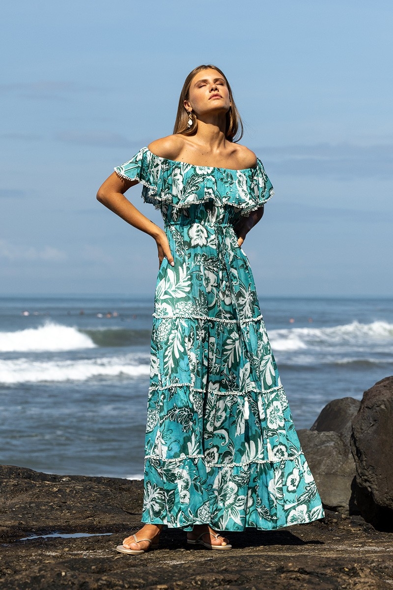 Robe Longue Erica - vert/bleu - imprimé fleuri - style bohème - épaules dénudées - Miss June Paris - 1