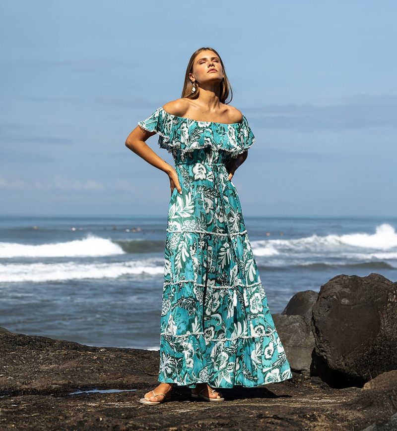 Long Dress Erica - green/blue - floral print - bohemian style - off-the-shoulder - Miss June Paris - 1
