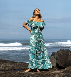 Long Dress Erica - green/blue - floral print - bohemian style - off-the-shoulder - Miss June Paris - 1