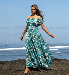 Long Dress Erica - green/blue - floral print - bohemian style - off-the-shoulder - Miss June Paris - 2
