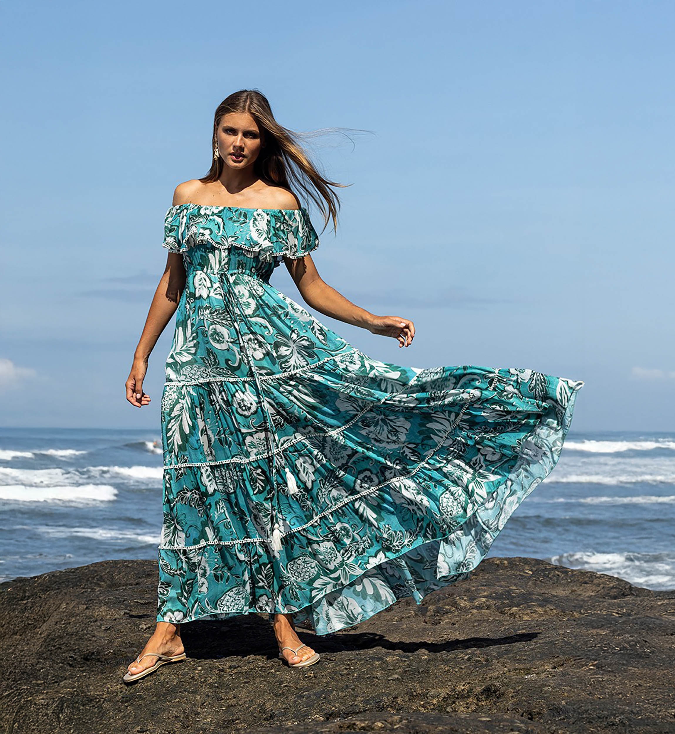 Long Dress Erica - green/blue - floral print - bohemian style - off-the-shoulder - Miss June Paris - 3