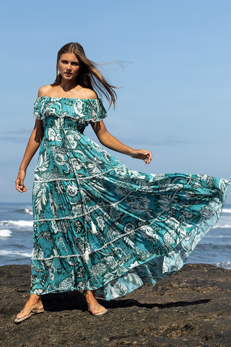 Long Dress Erica - green/blue - floral print - bohemian style - off-the-shoulder - Miss June Paris - 3
