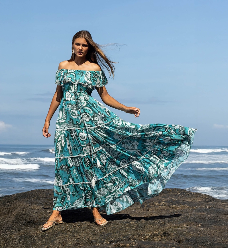 Long Dress Erica - green/blue - floral print - bohemian style - off-the-shoulder - Miss June Paris - 3